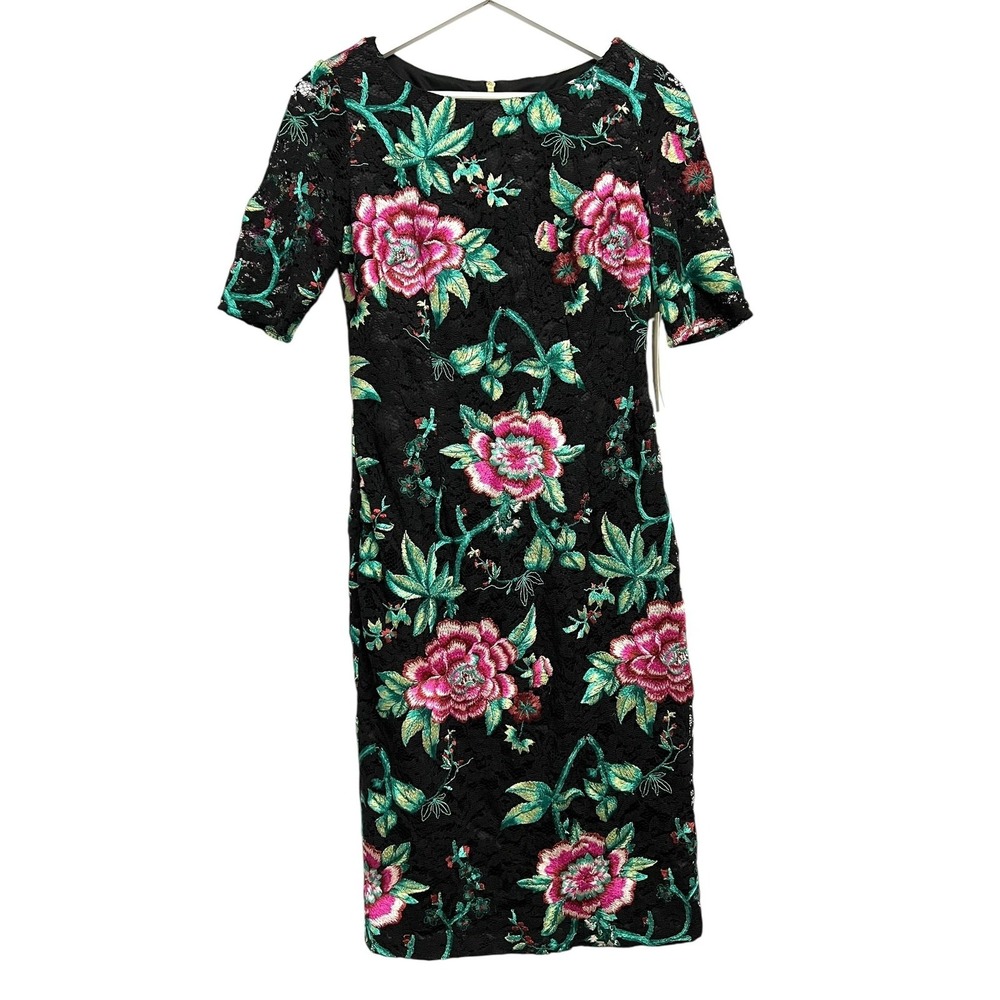 Eliza J Dress Womens 4 Black Floral Embroidered Lace Sheath‎ Cocktail Wedding